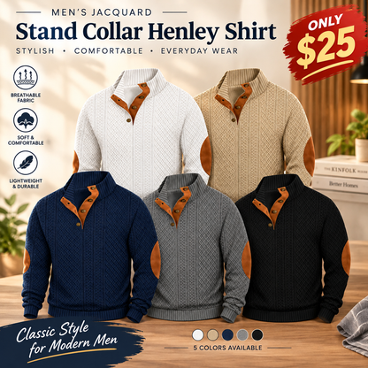 Men’s Jacquard Henley Shirt – Stylish Stand Collar with Textured Pattern