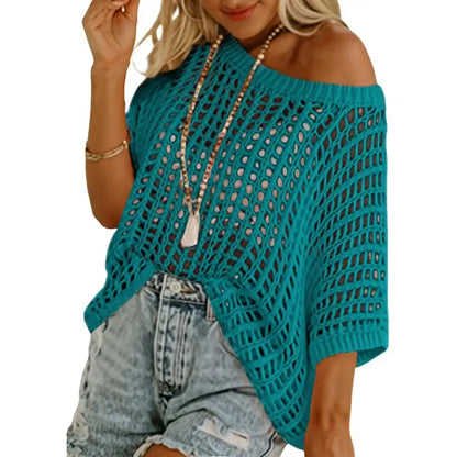 Women’s Lightweight Crochet Short Sleeve Sweater – Loose Hollow-Out Summer Top