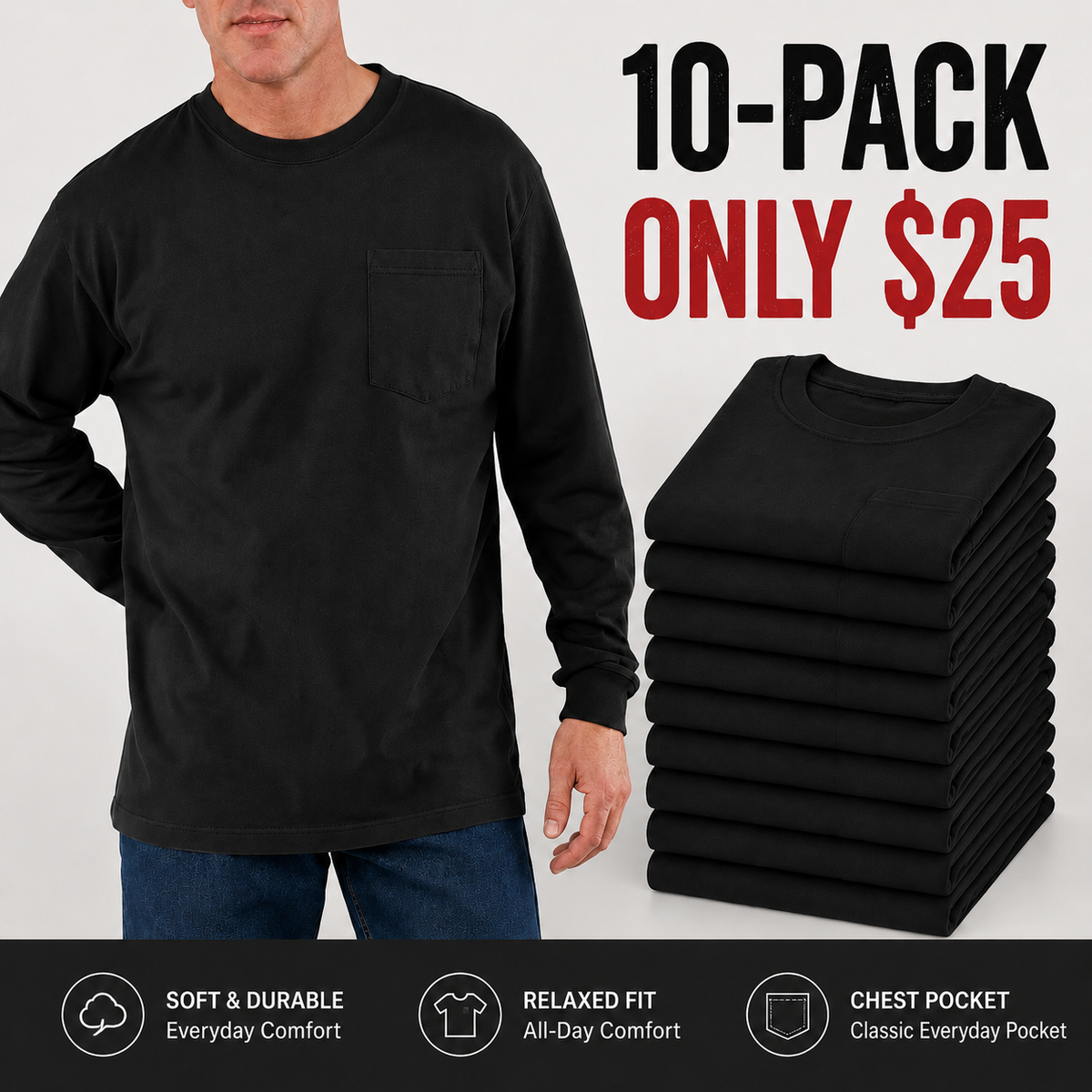 🔥 Men’s Heavyweight Cotton Pocket Tee – Relaxed Fit, Big & Tall Sizes