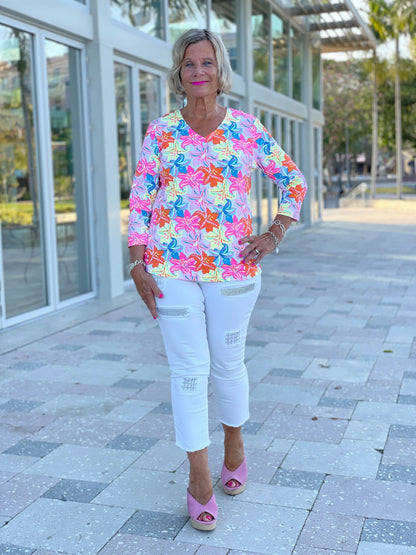 PALM BEACH FLOWER V NECK TOP