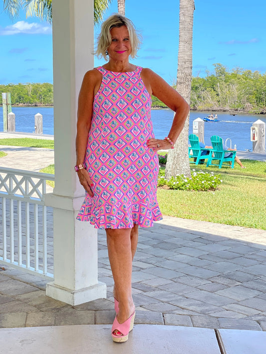 PALM TREE SIESTA HALTER RUFFLE DRESS