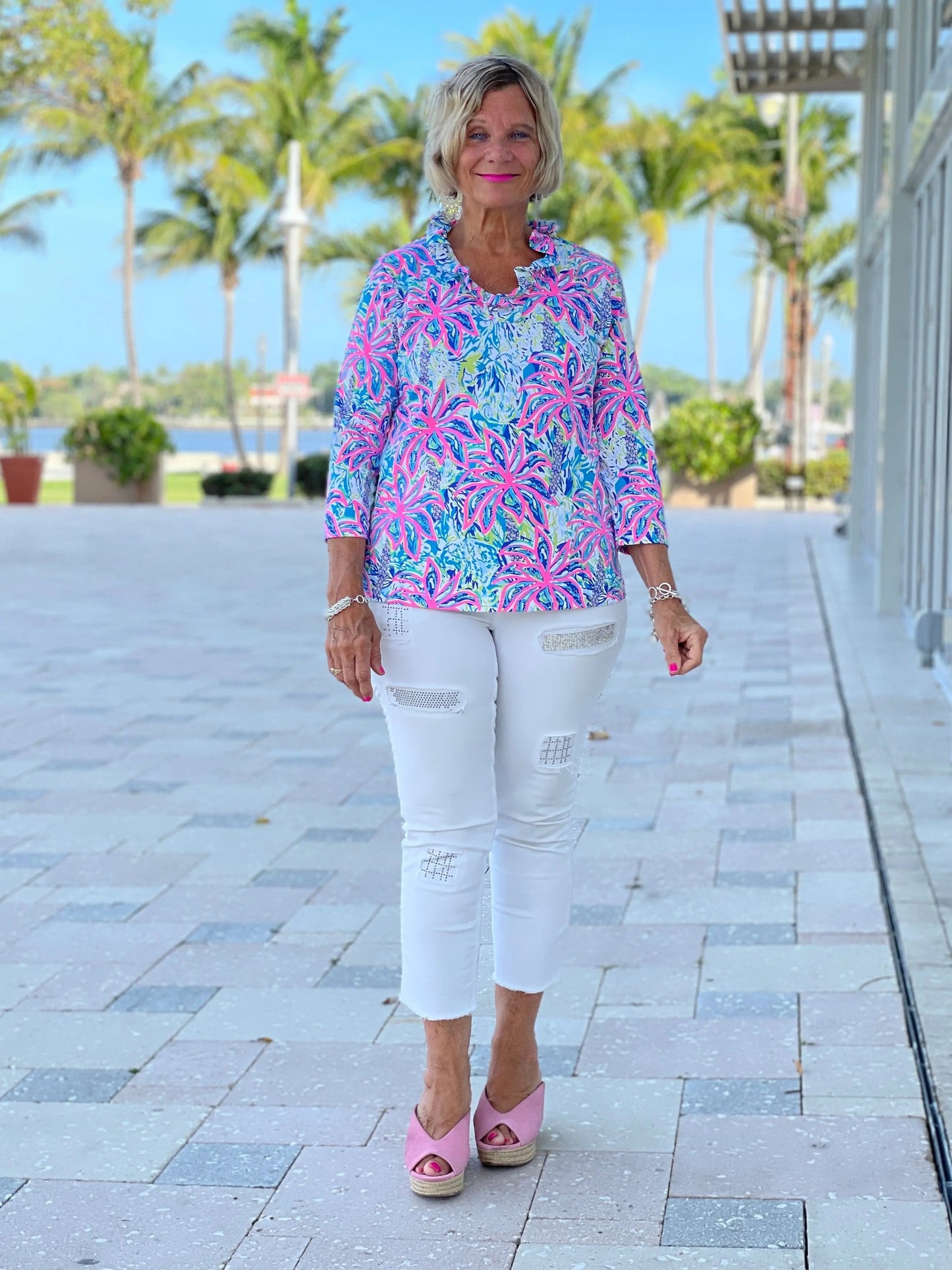PINK PALM TREE 3/25 RUFFLE TOP