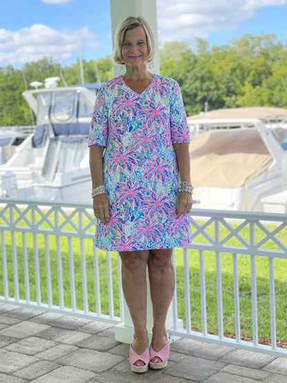 PINK PALM TREE ELBOW SLEEVE DRESS