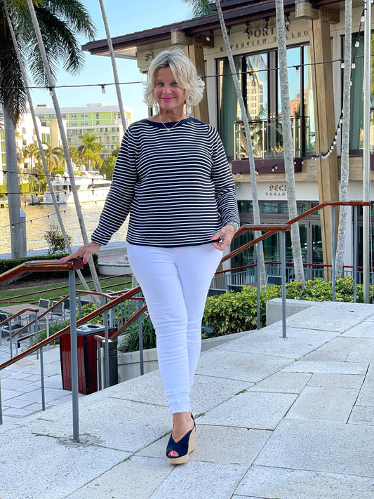 NAVY STRIPE BOATNECK SWEATER